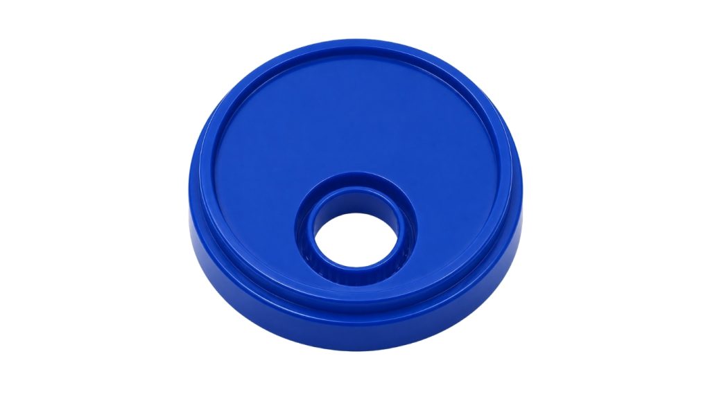 Tapa plástica cilíndrica de color azul sólido fabricada con pellets precoloreados de alta pureza de Tekniset, mostrando un acabado estético uniforme y sin imperfecciones.